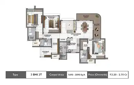 3 BHK 1690 - 2090 SqFt